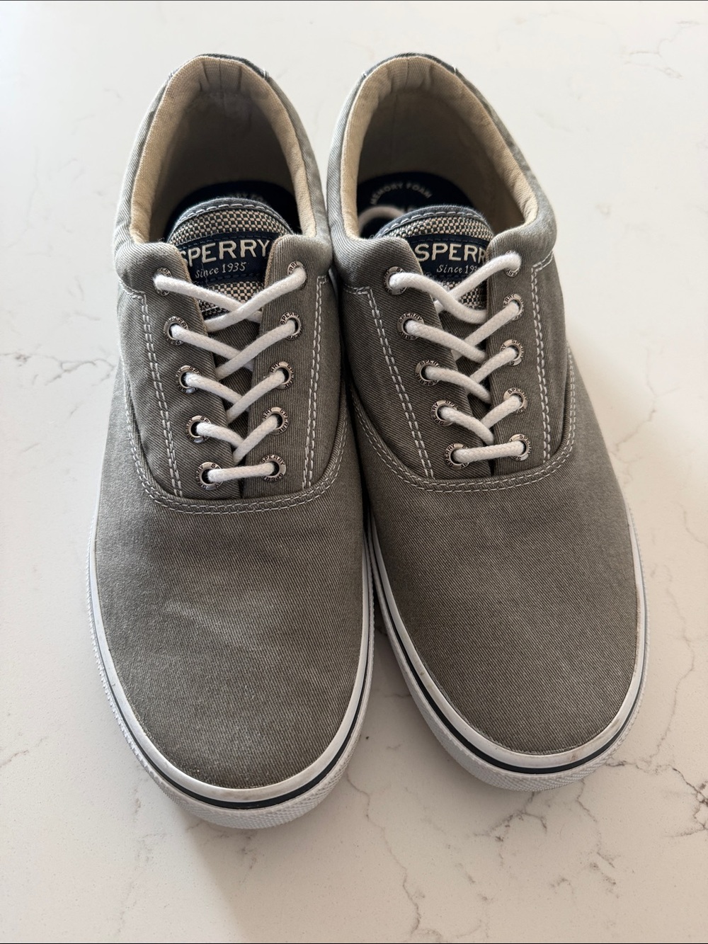 Sperry Gray Canvas Boat Shoes with White Laces